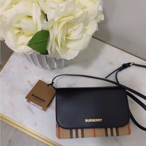 BRAND NEW Burberry Black Leather and Tan Check Crossbody Bag